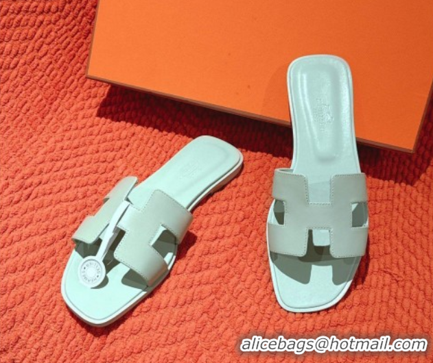 Classic Hot Hermes Oran Classic Flat Slides Sandal in Smooth Calfskin Light Green 0421076
