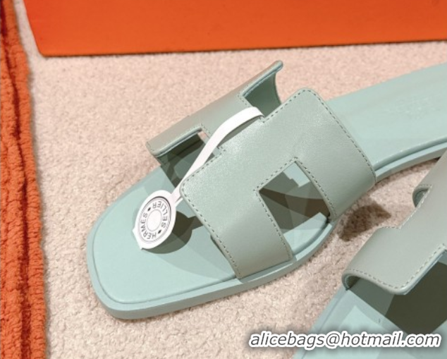Classic Hot Hermes Oran Classic Flat Slides Sandal in Smooth Calfskin Light Green 0421076