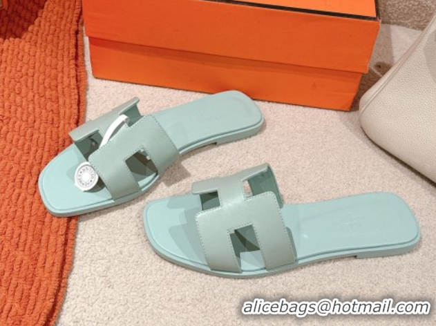 Classic Hot Hermes Oran Classic Flat Slides Sandal in Smooth Calfskin Light Green 0421076