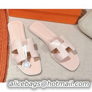 Discount Fashion Hermes Oran Classic Flat Slides Sandal in Smooth Calfskin Nude Pink 0421077