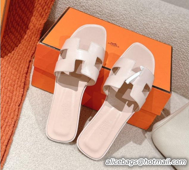 Discount Fashion Hermes Oran Classic Flat Slides Sandal in Smooth Calfskin Nude Pink 0421077