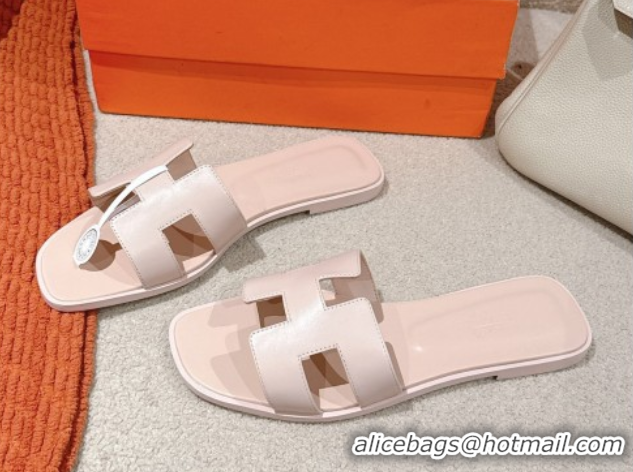 Discount Fashion Hermes Oran Classic Flat Slides Sandal in Smooth Calfskin Nude Pink 0421077