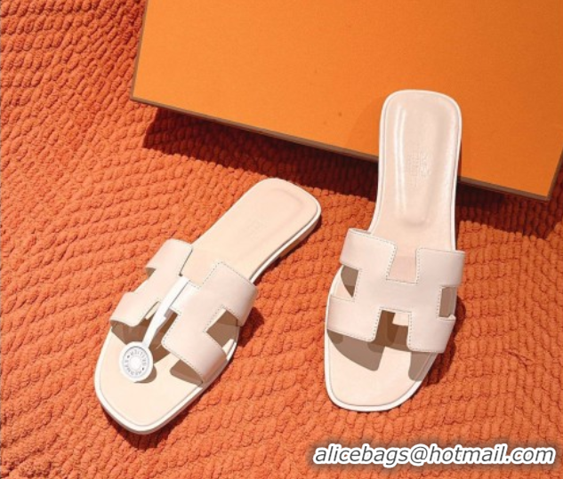 Discount Fashion Hermes Oran Classic Flat Slides Sandal in Smooth Calfskin Nude Pink 0421077