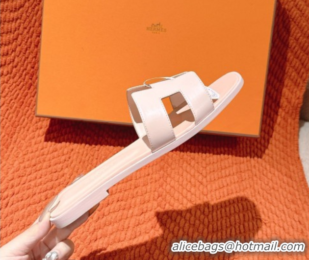 Discount Fashion Hermes Oran Classic Flat Slides Sandal in Smooth Calfskin Nude Pink 0421077