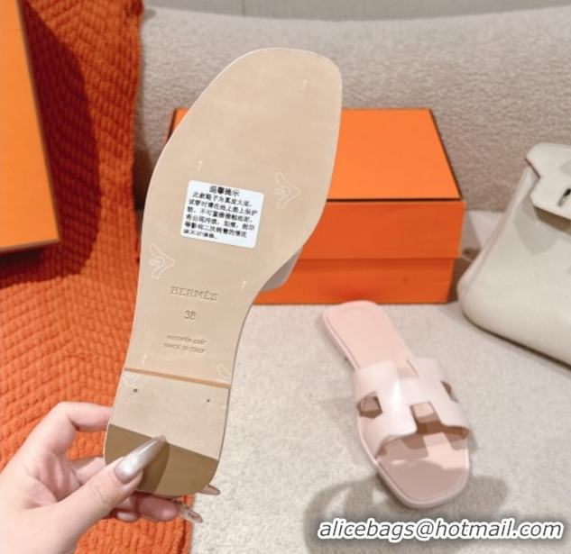 Discount Fashion Hermes Oran Classic Flat Slides Sandal in Smooth Calfskin Nude Pink 0421077