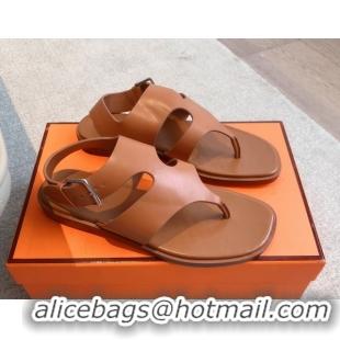 Fashion Luxury Hermes Karen Flat Sandals in Calfskin Leather Brown 0421078