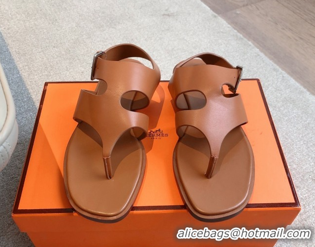 Fashion Luxury Hermes Karen Flat Sandals in Calfskin Leather Brown 0421078