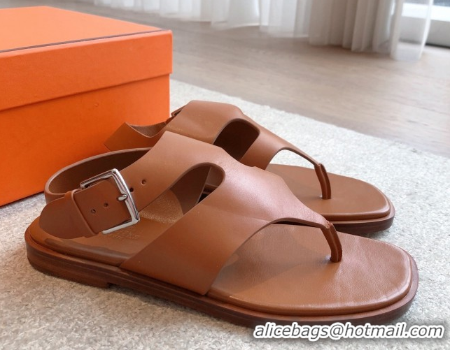 Fashion Luxury Hermes Karen Flat Sandals in Calfskin Leather Brown 0421078