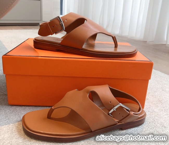 Fashion Luxury Hermes Karen Flat Sandals in Calfskin Leather Brown 0421078