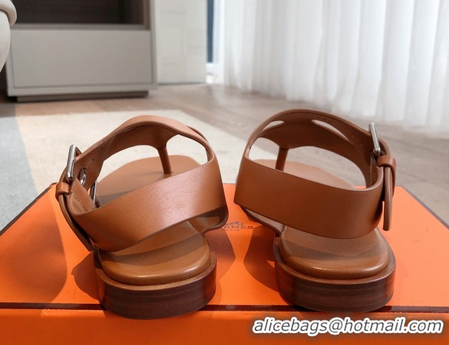 Fashion Luxury Hermes Karen Flat Sandals in Calfskin Leather Brown 0421078