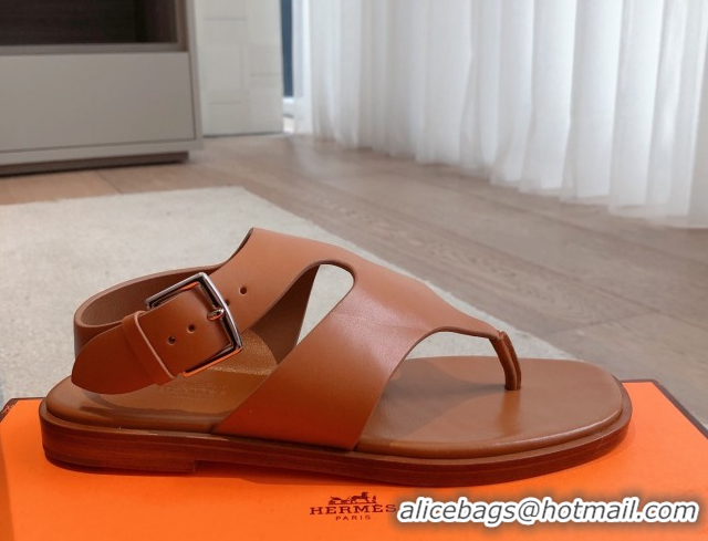 Fashion Luxury Hermes Karen Flat Sandals in Calfskin Leather Brown 0421078