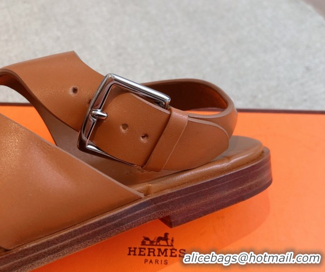 Fashion Luxury Hermes Karen Flat Sandals in Calfskin Leather Brown 0421078