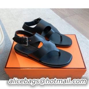 Fashion Hermes Karen Flat Sandals in Calfskin Leather Black 0421079