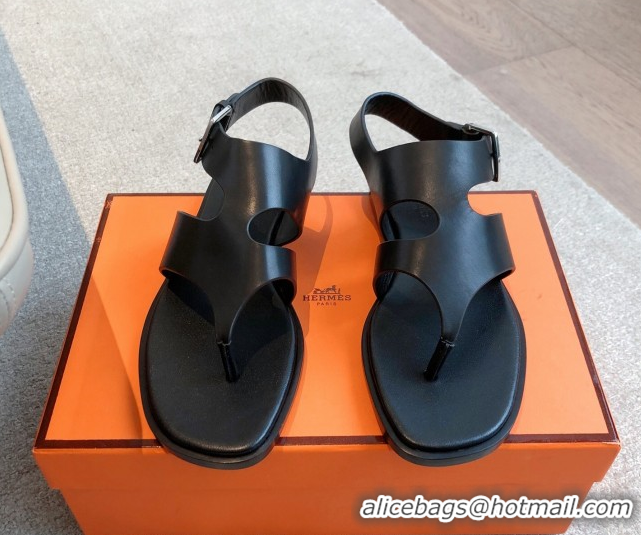 Fashion Hermes Karen Flat Sandals in Calfskin Leather Black 0421079