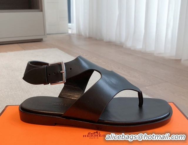Fashion Hermes Karen Flat Sandals in Calfskin Leather Black 0421079