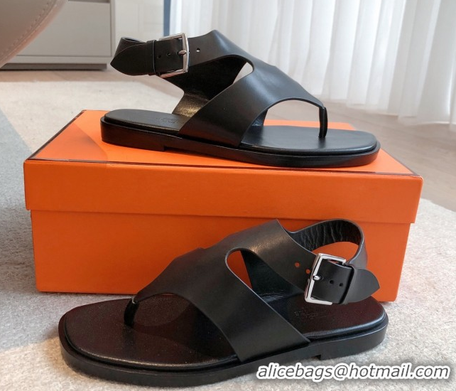 Fashion Hermes Karen Flat Sandals in Calfskin Leather Black 0421079