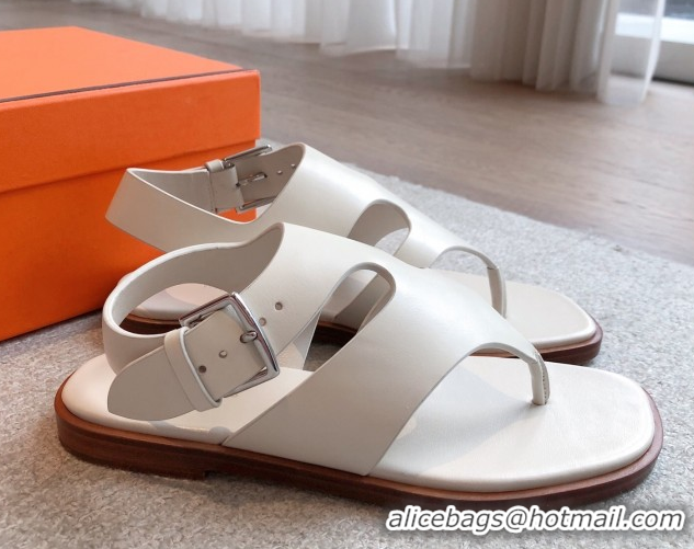 Top Grade Hermes Karen Flat Sandals in Calfskin Leather White 0421080