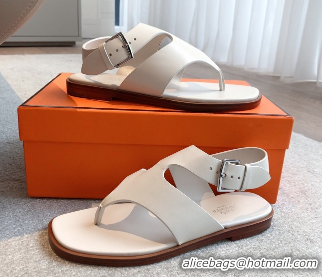 Top Grade Hermes Karen Flat Sandals in Calfskin Leather White 0421080