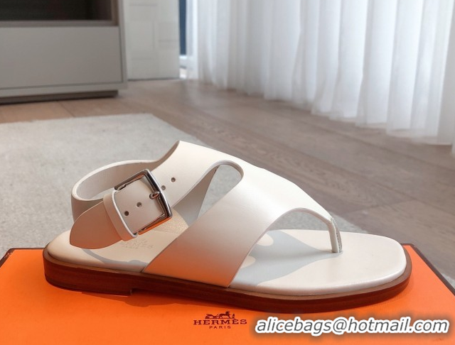 Top Grade Hermes Karen Flat Sandals in Calfskin Leather White 0421080
