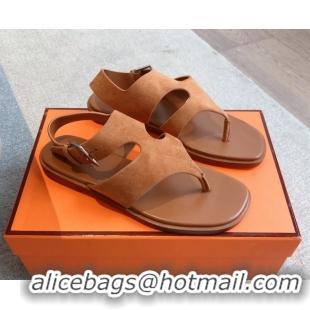 Luxurious Hermes Karen Flat Sandals in Suede Brown 0421081