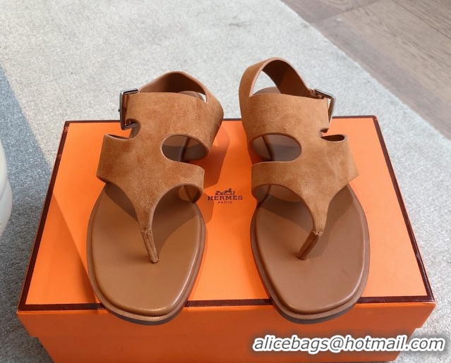 Luxurious Hermes Karen Flat Sandals in Suede Brown 0421081