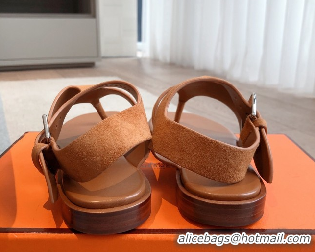 Luxurious Hermes Karen Flat Sandals in Suede Brown 0421081