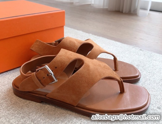 Luxurious Hermes Karen Flat Sandals in Suede Brown 0421081