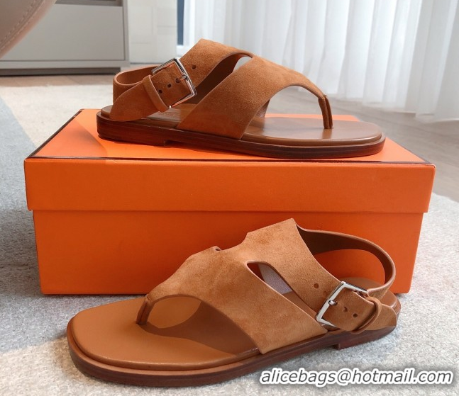 Luxurious Hermes Karen Flat Sandals in Suede Brown 0421081