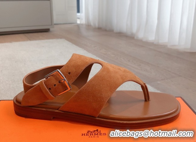 Luxurious Hermes Karen Flat Sandals in Suede Brown 0421081