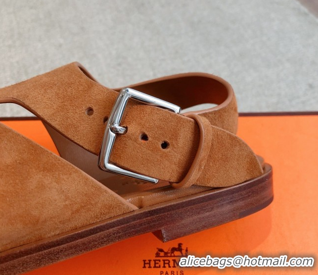Luxurious Hermes Karen Flat Sandals in Suede Brown 0421081