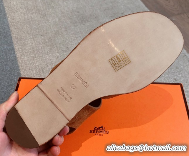 Luxurious Hermes Karen Flat Sandals in Suede Brown 0421081