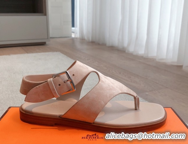 Shop Duplicate Hermes Karen Flat Sandals in Suede Light Pink 0421082