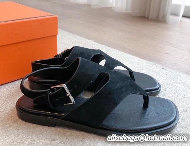 Classic Specials Hermes Karen Flat Sandals in Suede Black 0421083