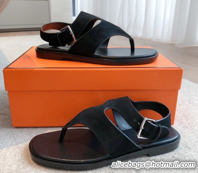 Classic Specials Hermes Karen Flat Sandals in Suede Black 0421083