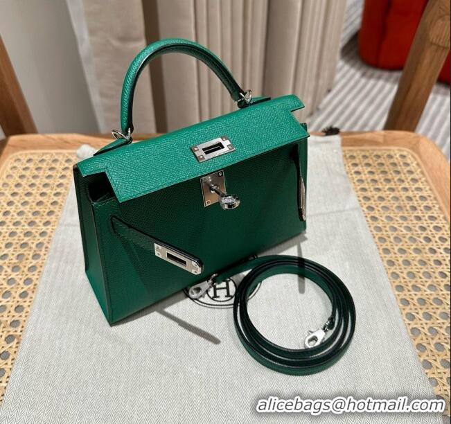 New Design Hermes Mini Kelly II Bag 19cm in Epsom Leather U4 Vert Vertigo H19 Green/Silver 2025 (Half Handmade)