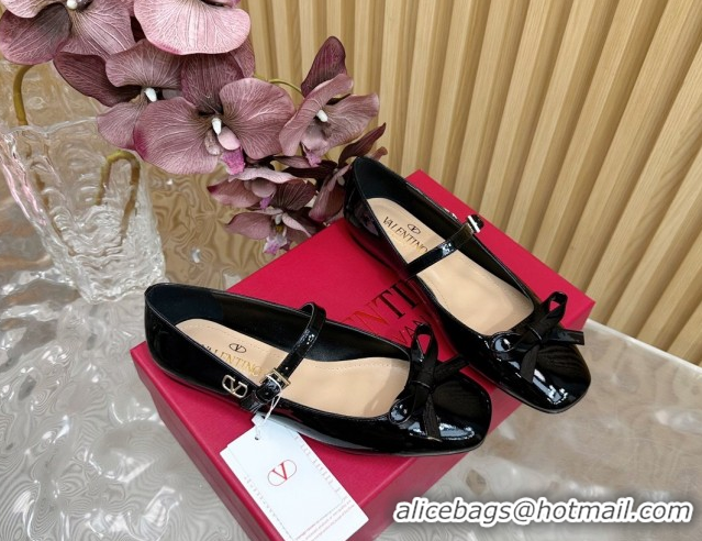 Luxurious Valentino Mary-Janes Ballerinas Flats with Bow in Patent Leather Black VLTN02251