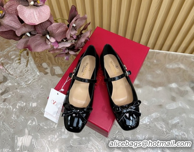 Luxurious Valentino Mary-Janes Ballerinas Flats with Bow in Patent Leather Black VLTN02251