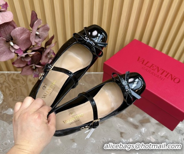 Luxurious Valentino Mary-Janes Ballerinas Flats with Bow in Patent Leather Black VLTN02251