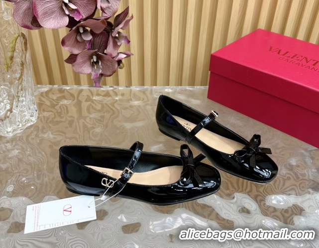 Luxurious Valentino Mary-Janes Ballerinas Flats with Bow in Patent Leather Black VLTN02251