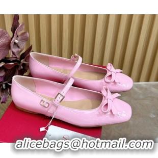 Unique Style Valentino Mary-Janes Ballerinas Flats with Bow in Patent Leather Light Pink VLTN02251