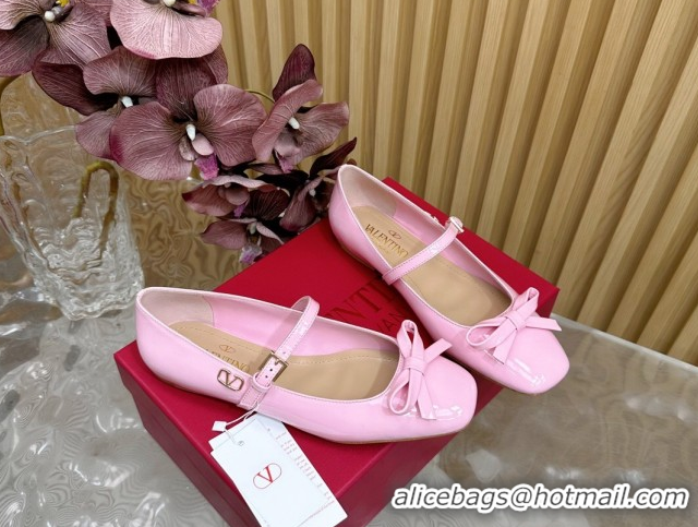 Unique Style Valentino Mary-Janes Ballerinas Flats with Bow in Patent Leather Light Pink VLTN02251