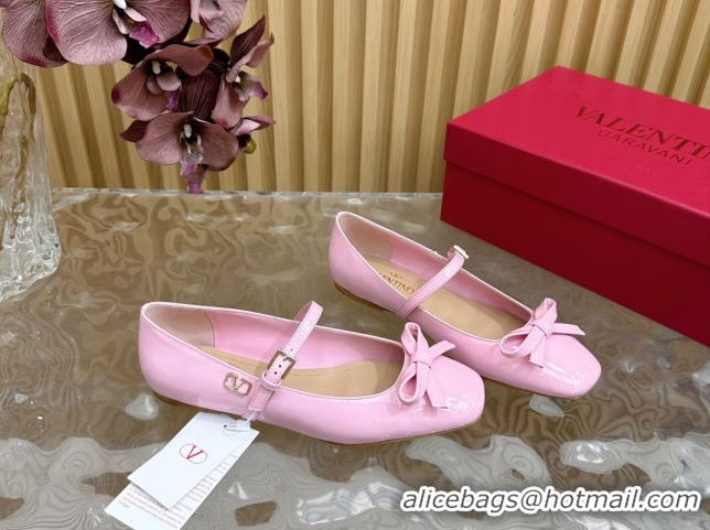 Unique Style Valentino Mary-Janes Ballerinas Flats with Bow in Patent Leather Light Pink VLTN02251