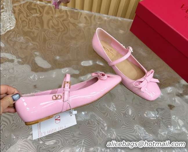 Unique Style Valentino Mary-Janes Ballerinas Flats with Bow in Patent Leather Light Pink VLTN02251