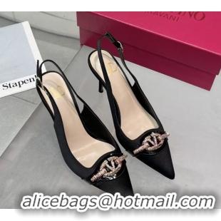 Grade Quality Valentino The Bold Edition VLogo Satin Slingback Pumps 8cm with Strass Black/Multi VLTN02252