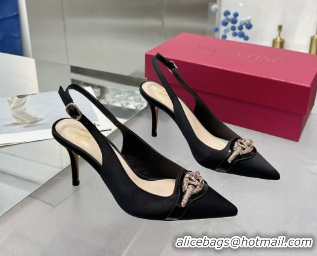 Grade Quality Valentino The Bold Edition VLogo Satin Slingback Pumps 8cm with Strass Black/Multi VLTN02252