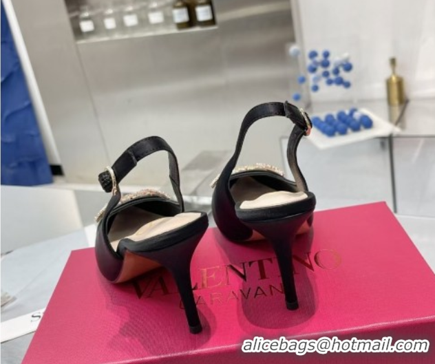 Grade Quality Valentino The Bold Edition VLogo Satin Slingback Pumps 8cm with Strass Black/Multi VLTN02252