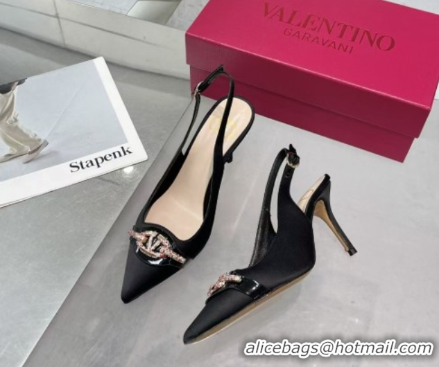 Grade Quality Valentino The Bold Edition VLogo Satin Slingback Pumps 8cm with Strass Black/Multi VLTN02252