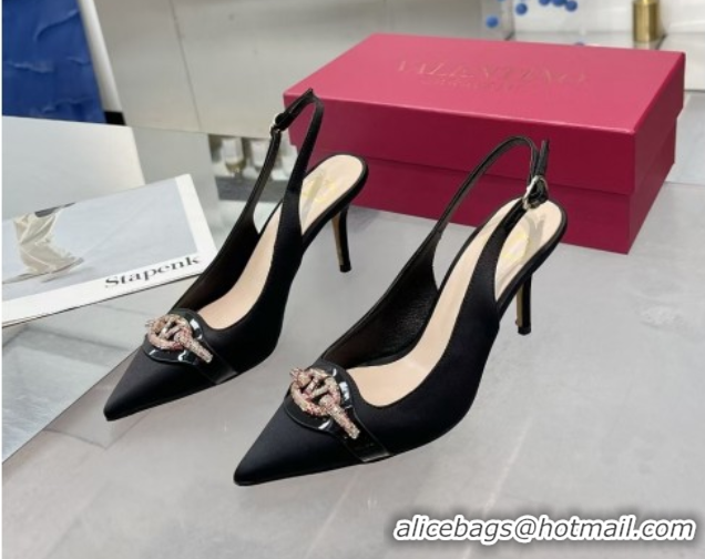 Grade Quality Valentino The Bold Edition VLogo Satin Slingback Pumps 8cm with Strass Black/Multi VLTN02252