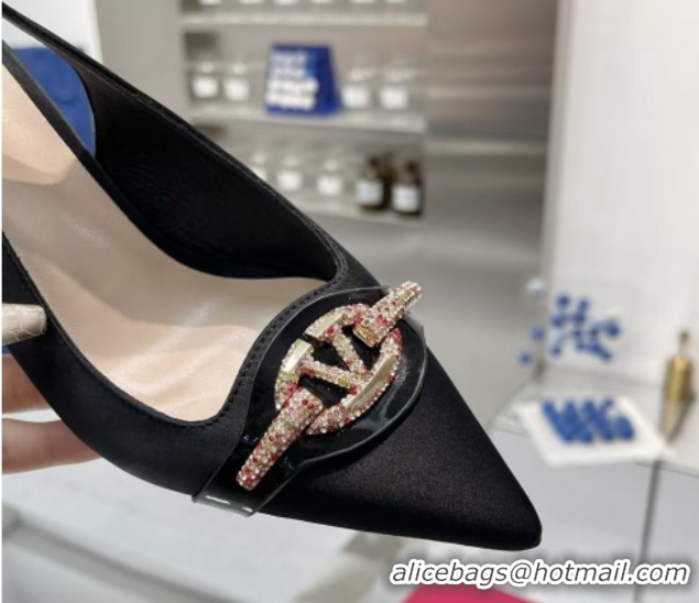 Grade Quality Valentino The Bold Edition VLogo Satin Slingback Pumps 8cm with Strass Black/Multi VLTN02252