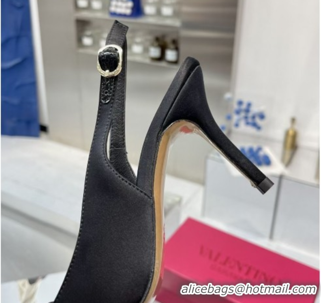Grade Quality Valentino The Bold Edition VLogo Satin Slingback Pumps 8cm with Strass Black/Multi VLTN02252